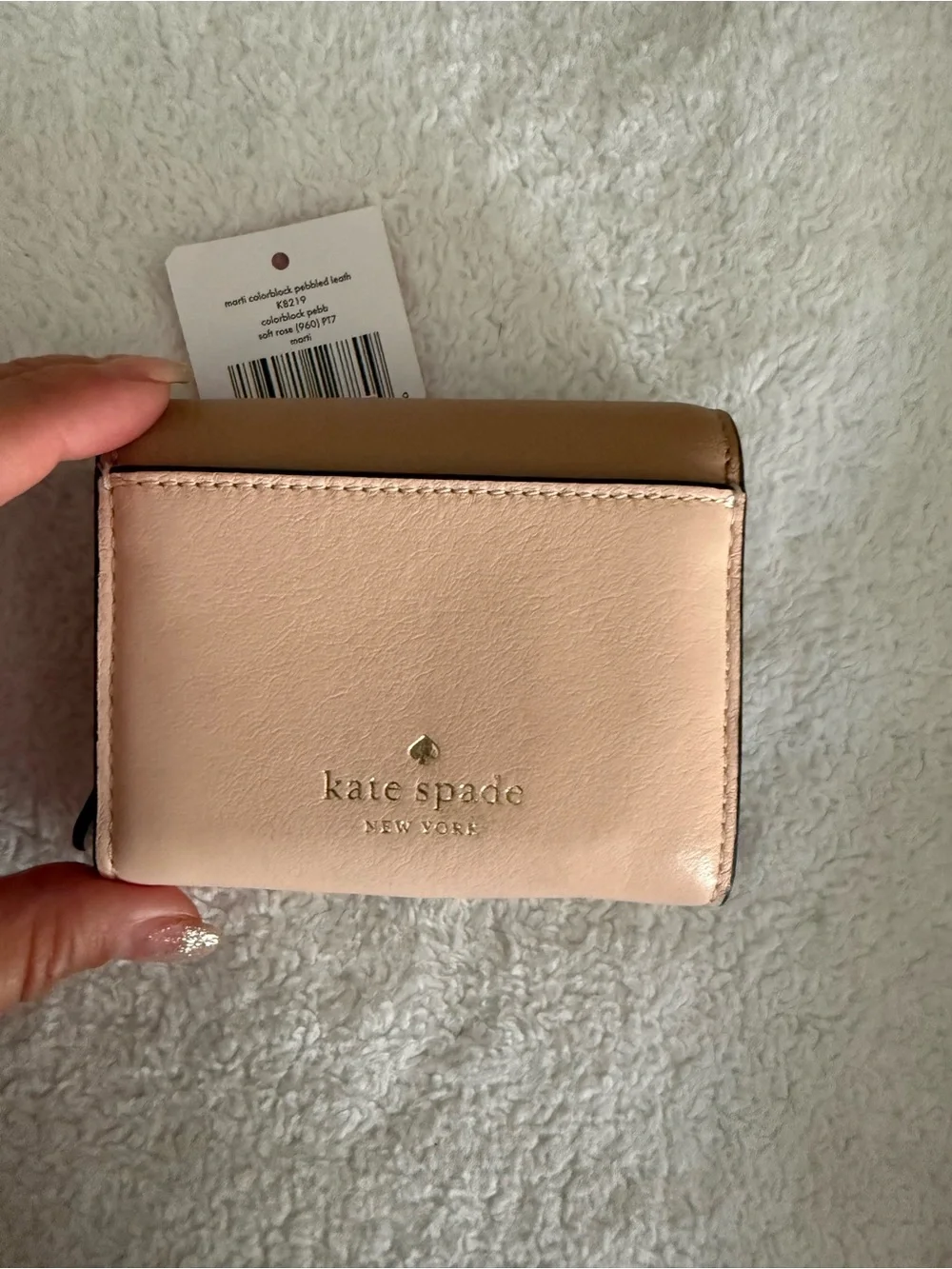 kate spade Pink and Tan Compact Wallet with Heart-Tassel Lock
